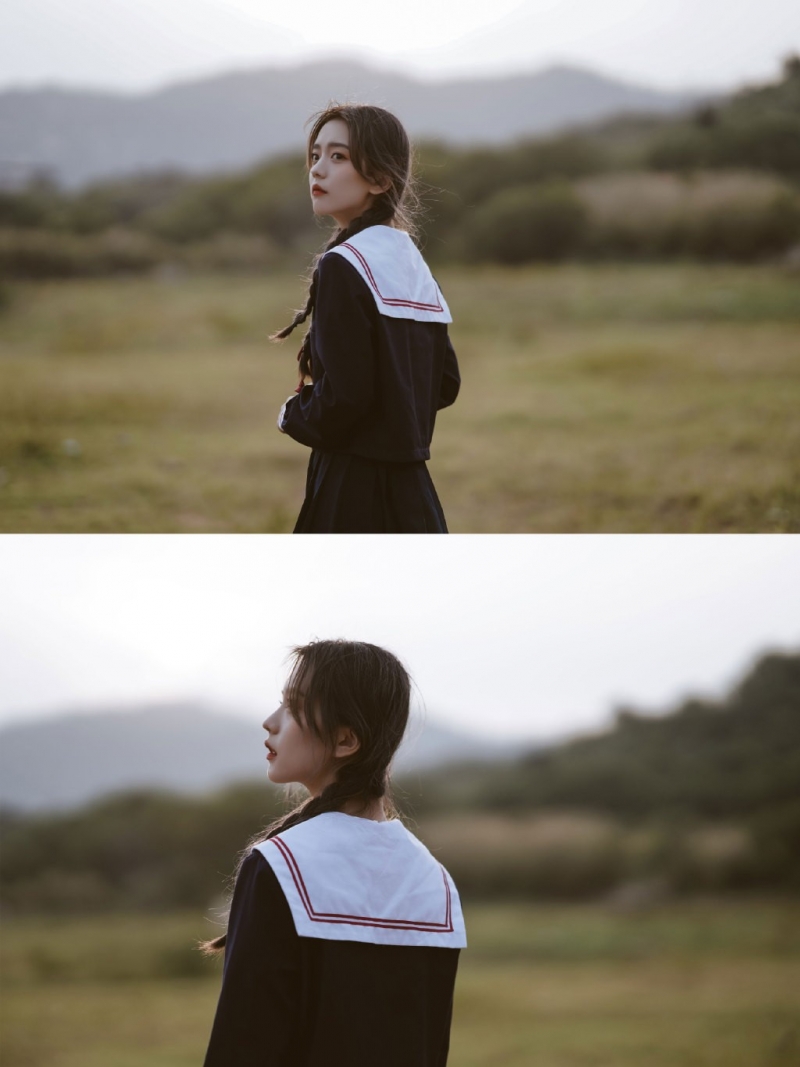 麻花辫美女学生妹日系制服写真