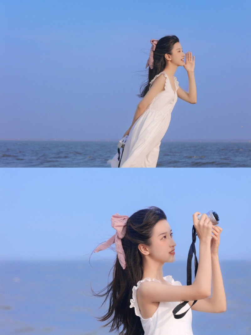 海边美女吊带白裙长发飘飘写真