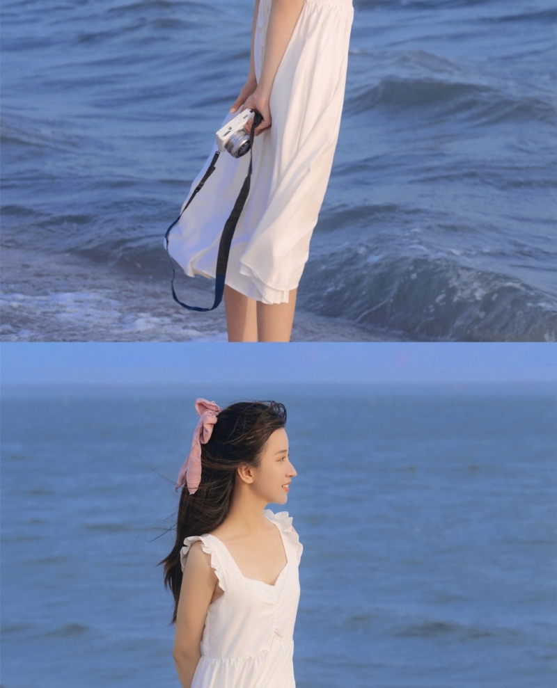 海边美女吊带白裙长发飘飘写真