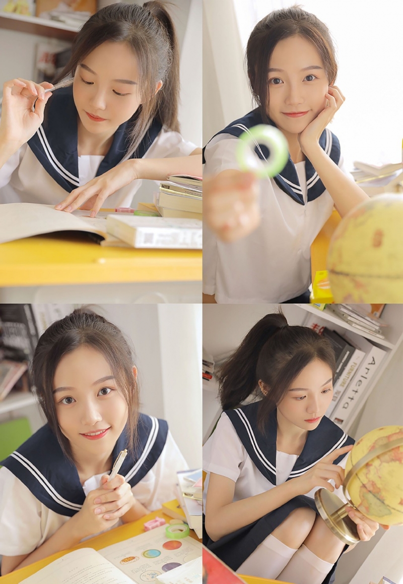 马尾辫学生妹海军制服教室写真