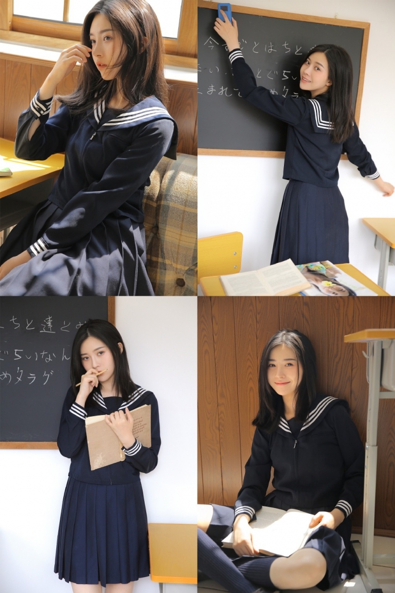长发学生妹日系JK制服教室写真