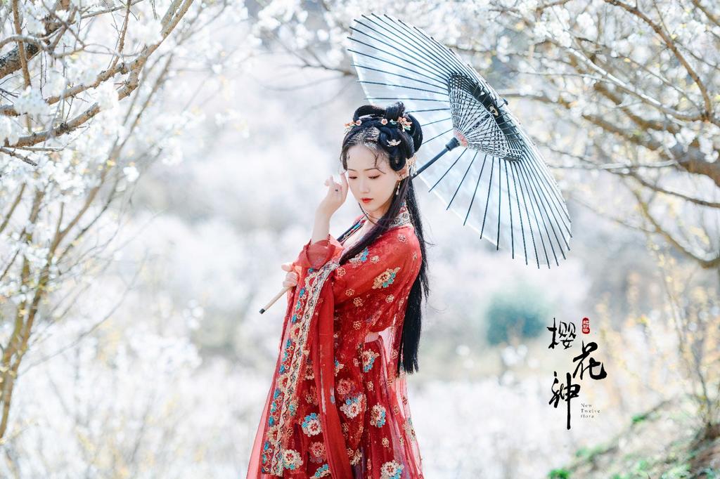 红妆素裹汉服美女手撑油伞美图