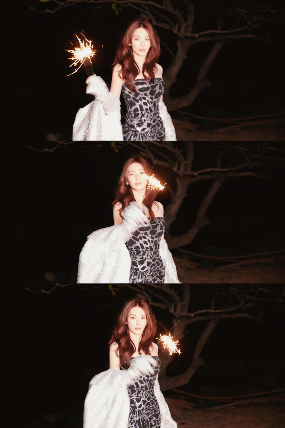 张雨绮手拿焰火又飒又美冬夜写真