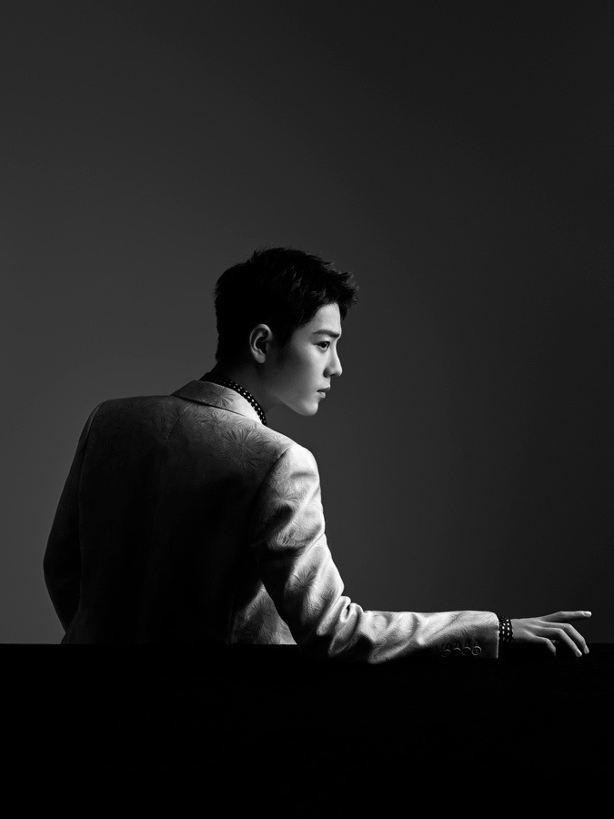 肖战精致侧颜深情眼神黑白写真